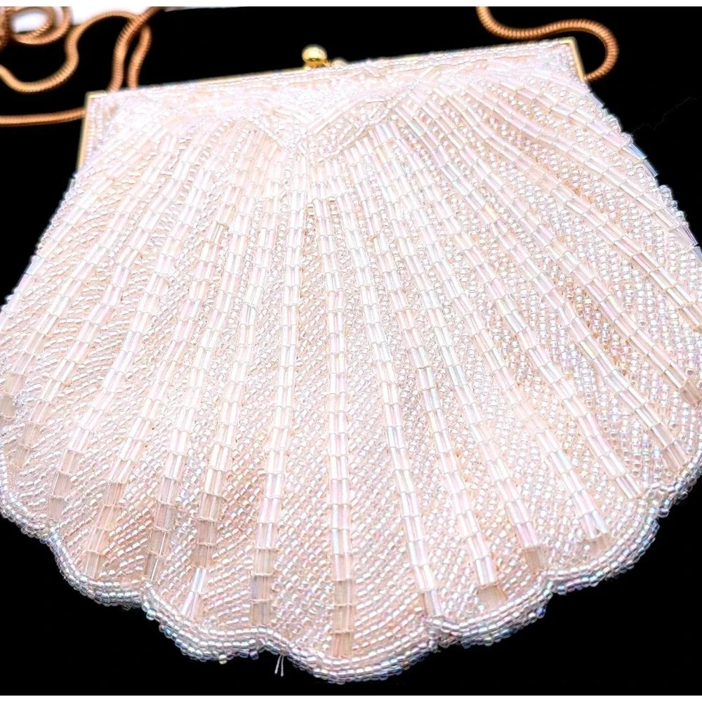 Carla Marchi Beaded Shell Clutch Bag Iridescent White Gold Tone Vintage Style